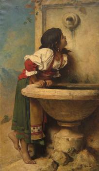 Leon Bonnat : Roman Girl at a Fountain by French painter Leon Bonnat